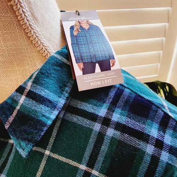EDDIE BAUER NEW PLAID TEAL RELAX FIT SOFT BRUSHED COTTON SIZE LARGE - Picture 3 of 7